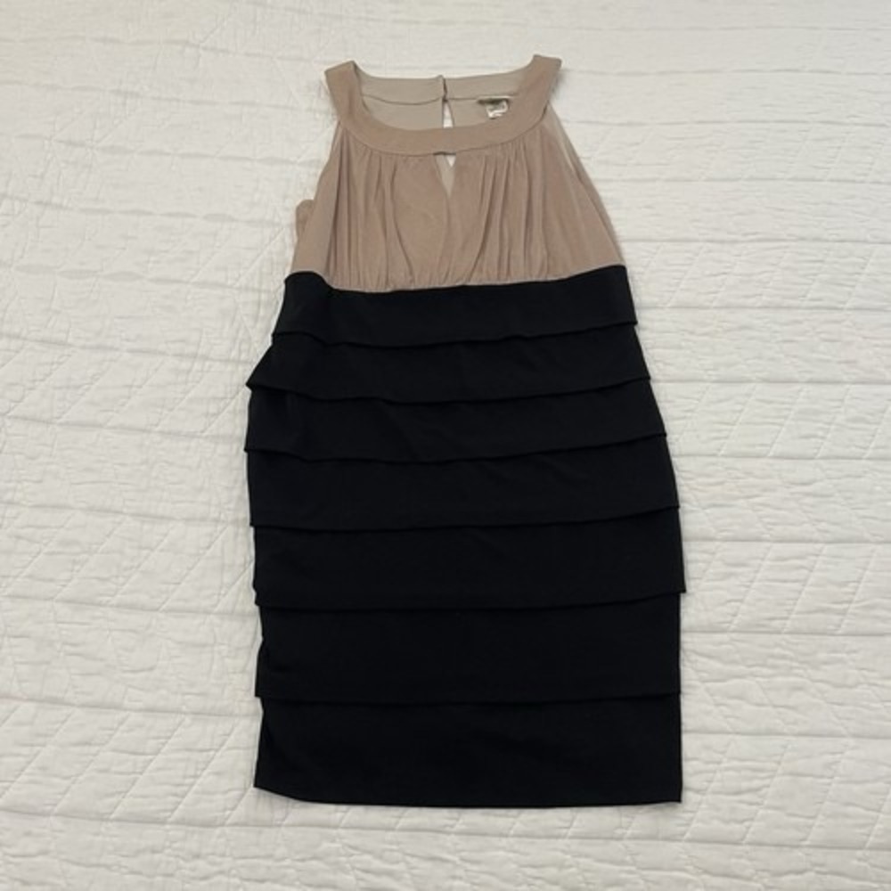 En Focus Petite Sheath Dress Black Beige Colorblock Chiffon Sz 14P